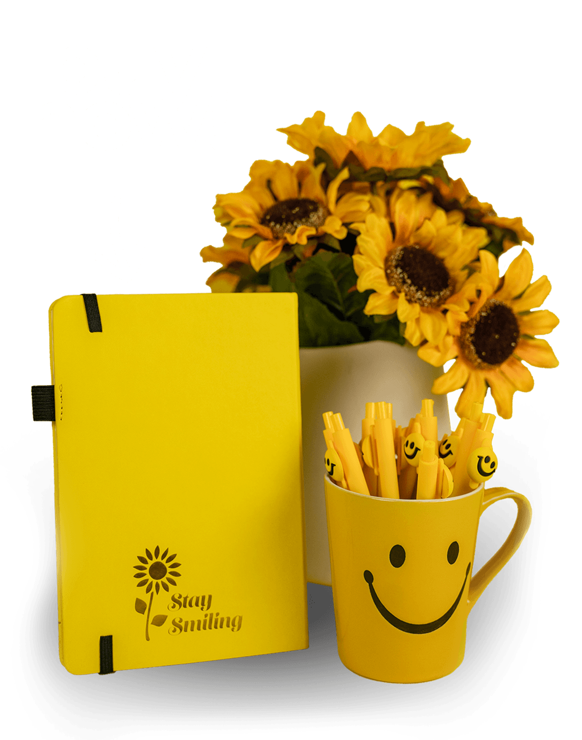 Notebook and sunflowers
